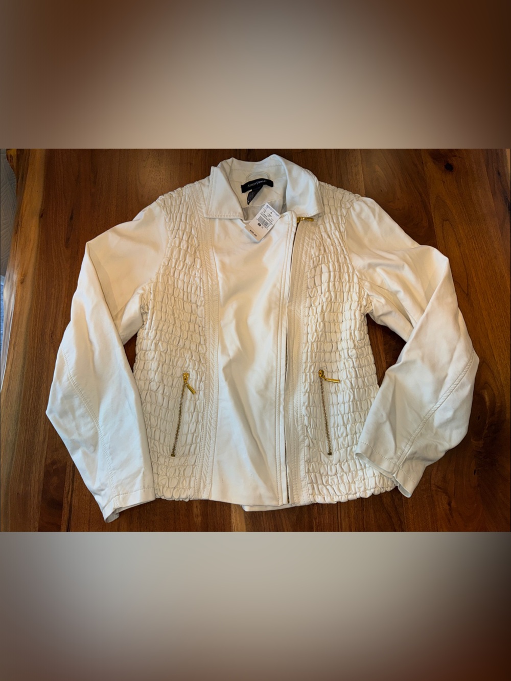 Ashley Stewart White Quilted-Panel Bomber Jacket with Gold Zips